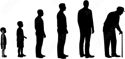 Vector silhouette of man in different age on white background. Symbol of generation from child to old person.
