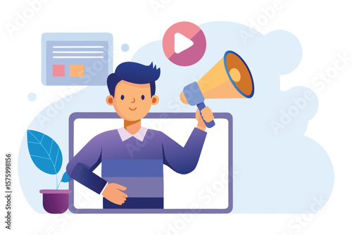 Man with megaphone on laptop screen announces news with play button and plant
