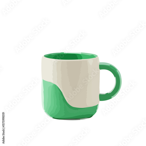 Modern ceramic mug with green and beige design in minimalist style  