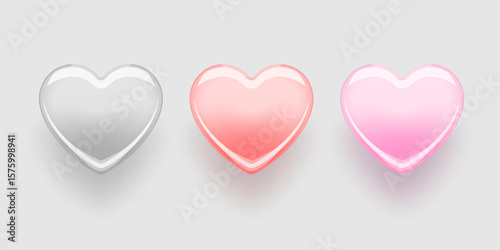 Set of realistic transparent hearts. Romantic glossy glass heart isolated on light background. Vector 3d illustration.