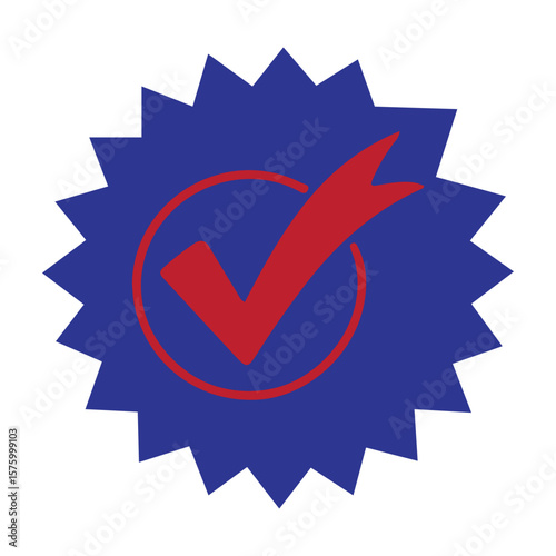 Blue starburst with red checkmark circle
