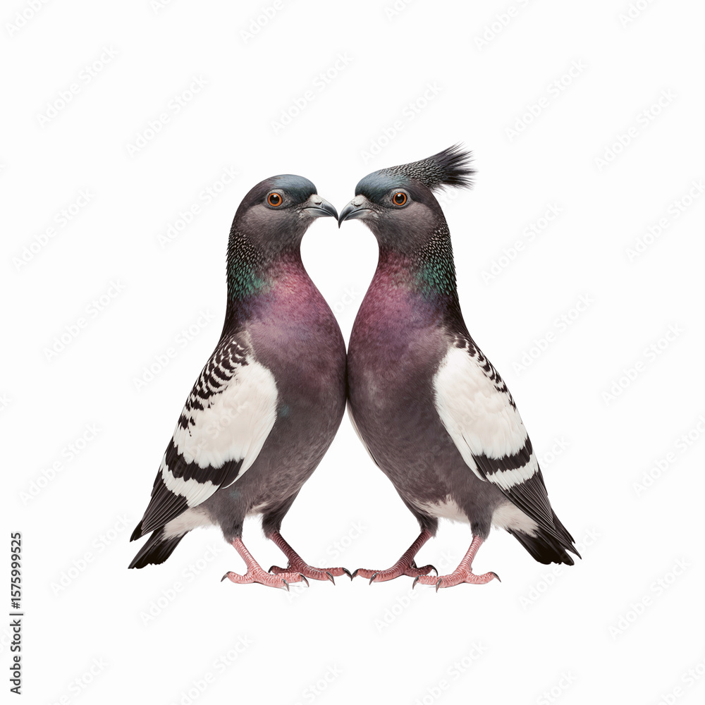 Obraz premium Pigeon Pair: Two pigeons with colourful plumage face each other in a display of avian connection, a testament to the beauty of nature.