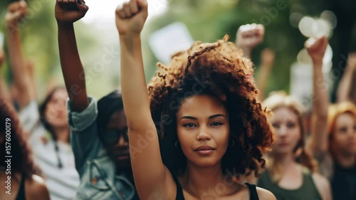 African American woman raising fist during protest for women's right and equality. Public demonstration footage.