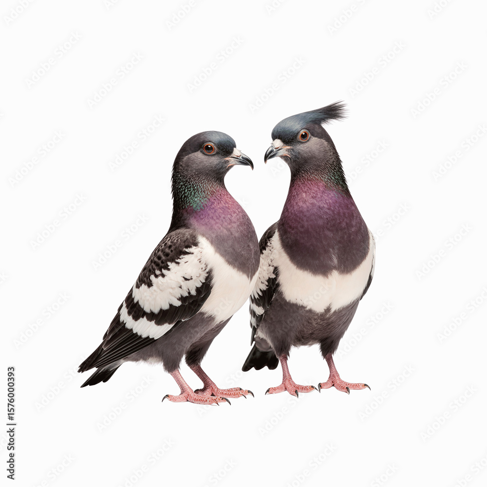 Fototapeta premium Elegant Pigeons: A captivating shot of two beautiful pigeons, each displaying a unique and intricate feather pattern. Their presence represents a scene of serenity.