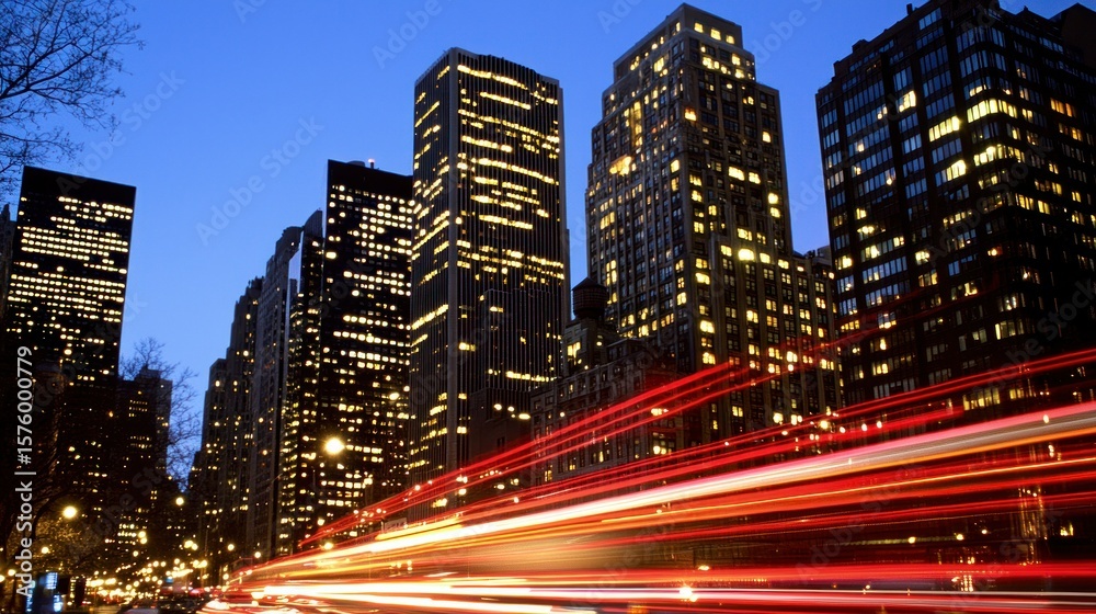 Fototapeta premium Illuminated skyscrapers at night with trails of car lights.