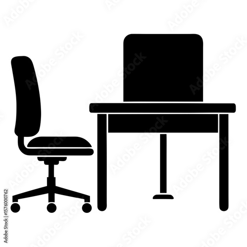 Office workstation desk chair furniture interior silhouette vector illustration