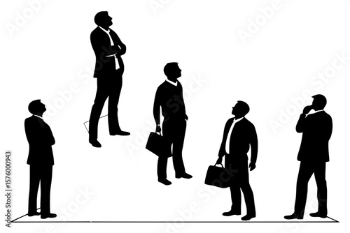 "Twelve silhouettes of middle-aged men in business attire, set against a bright white background. Each figure stands uniquely, creating visual balance across a structured grid. The aesthetic is profes