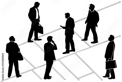 "Twelve silhouettes of middle-aged men in business attire, set against a bright white background. Each figure stands uniquely, creating visual balance across a structured grid. The aesthetic is profes