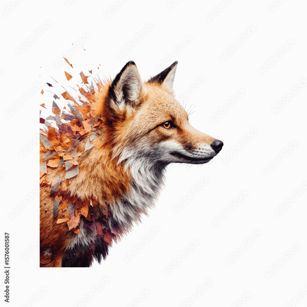 Fototapeta premium Red Fox Abstract: A vibrant red fox portrait, artfully blended with autumnal leaves, creating an explosion of color and texture. The fox's sharp gaze captivates, suggesting strength and wild beauty.