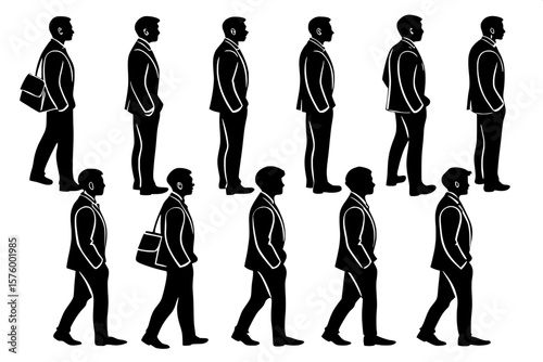 "Minimalist silhouette collection of 12 suited adult males, shown full-body and aligned in a symmetrical grid. Uniform black outlines with varied yet subtle posture differences, presented in a stark b