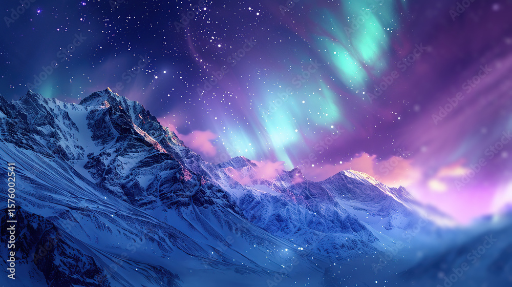 Fototapeta premium Aurora Borealis Over Snowy Mountains at Night