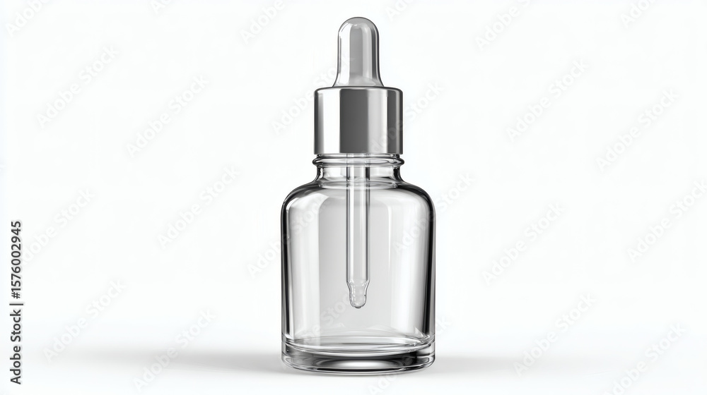 Naklejka premium Transparent dropper bottle with silver cap, ideal for cosmetic product packaging designs.