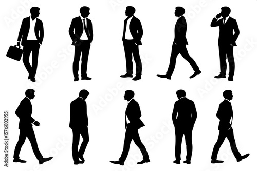 "Business-themed silhouette image featuring 12 full-body men in suits, arranged like icons in a grid. Each man has a unique stance — hands in pockets, arms at sides, mid-step. Black forms only, no vis