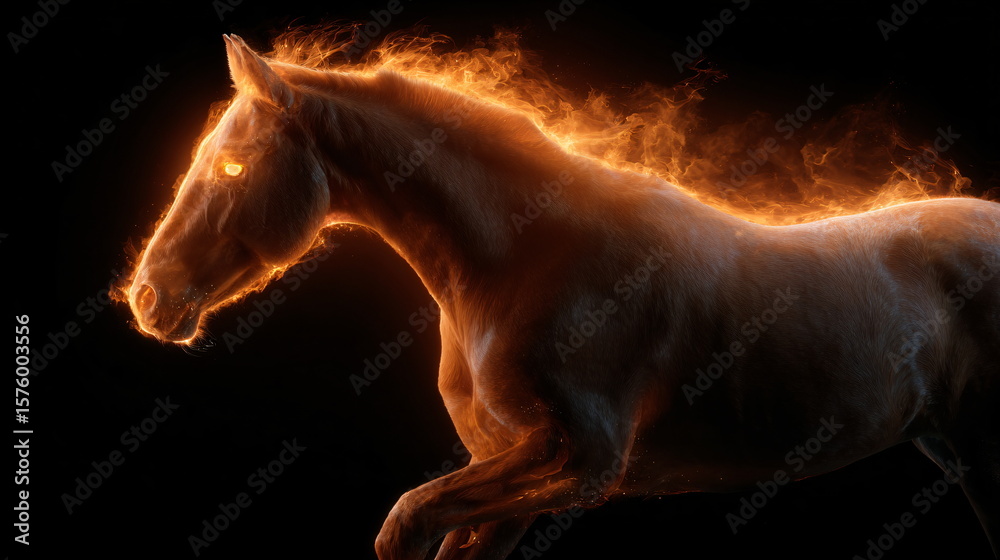 Fototapeta premium A powerful horse with glowing eyes and body surrounded by orange fire. Fiery equine power. Digital art for fantasy or mythical themes.