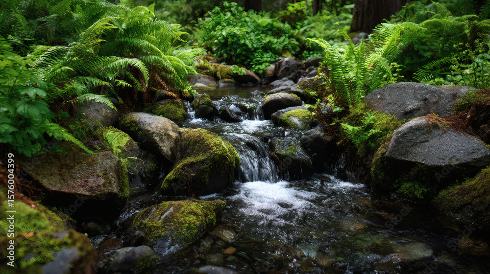 Obraz premium A flowing stream cascades through a vibrant forest, creating a serene and tranquil scene.