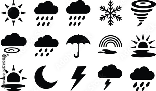 Black Weather Icons Sun Rain Cloud Snowflake Tornado Umbrella Rainbow Lightning Moon
