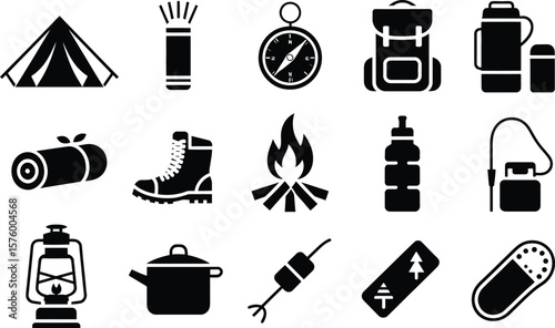 Black Camping Icons Tent Compass Backpack Lantern Boot Bonfire Water Bottle