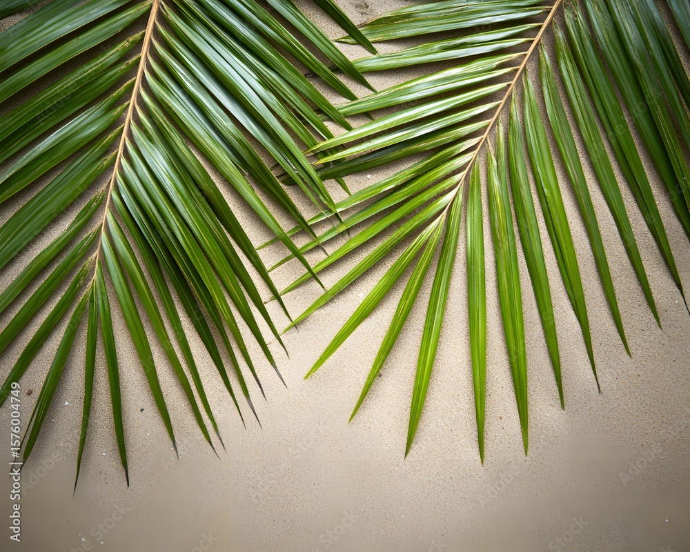 Fototapeta premium Tropical Palm Fronds on Sandy Beach Background