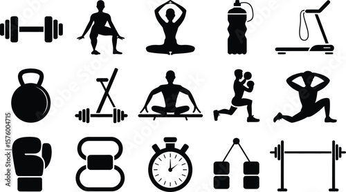 Black Silhouettes of Fitness Equipment and Exercise Poses on White Background
