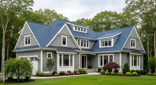 Luxury Gray and Blue Shingle-Style Home; Landscaped Yard; Serene Suburban Setting; Architectural Detail; Modern Craftsman Design; Spacious Exterior; Dream Home; Real Estate; New Construction.
