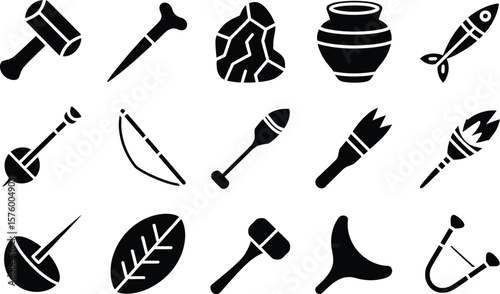 Twenty Black Silhouettes of Prehistoric Tools and Objects