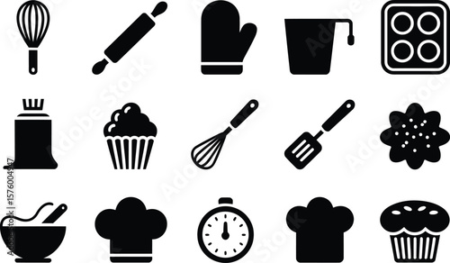 Black and White Baking Icons Whisk Rolling Pin Oven Mitt Cupcake