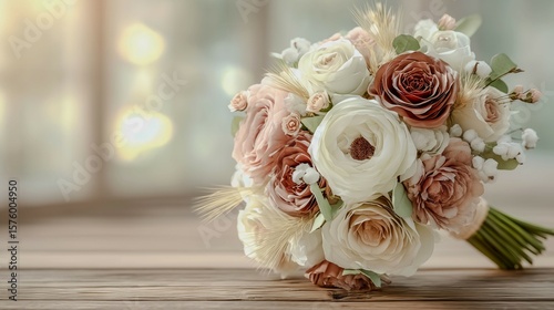 A bouquet of flowers with a mix of pink and white flowers. The bouquet is on a wooden table