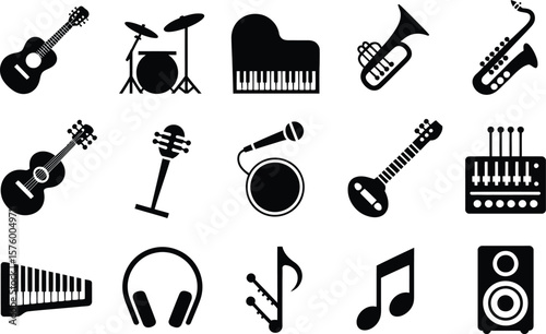 Black and White Musical Instruments and Audio Equipment Silhouettes on White Background