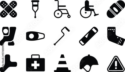 Black and white medical and safety icons set on white background