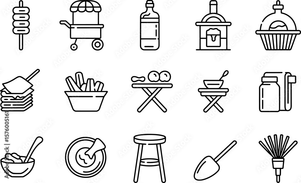 Obraz premium Street Food Icons in Black Outline on White Background