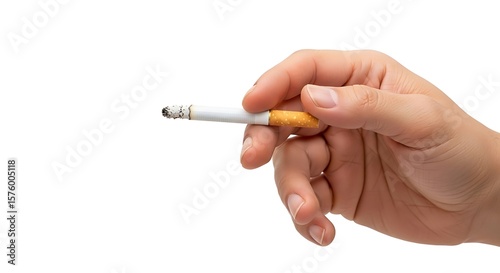 Close-up of a hand holding a partially smoked cigarette, isolated on white background;  a stark image depicting addiction and unhealthy habits.
