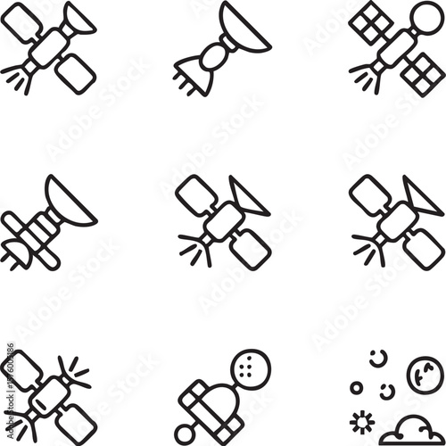 A set of 9 minimalist line art icons depicting various satellite designs and celestial elements satellite icon