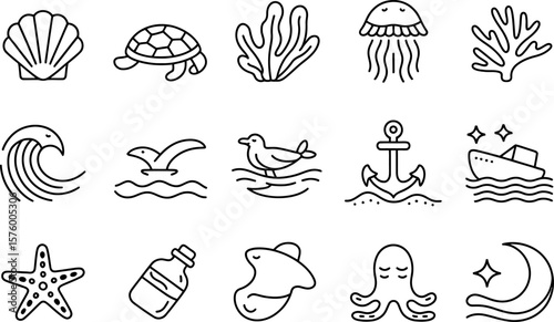Black and White Sea Life Icons Shell Turtle Wave Seagull Anchor Boat Starfish