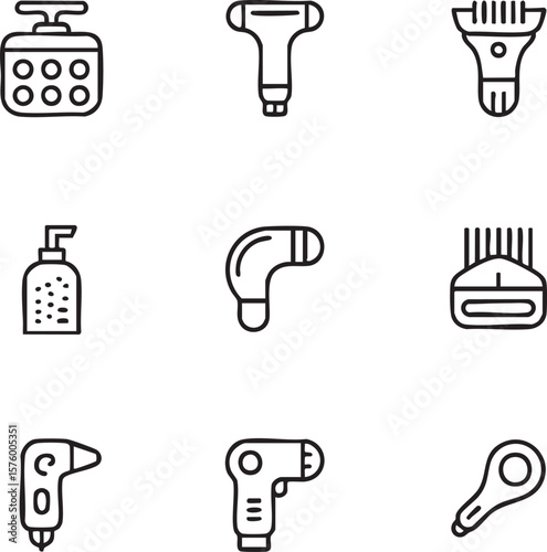 A set of 9 minimalist line art icons representing beauty and grooming tools icon set skincare