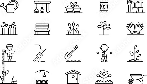 Gardening Icons Set Watering Can Shovel Scarecrow Plant Bench