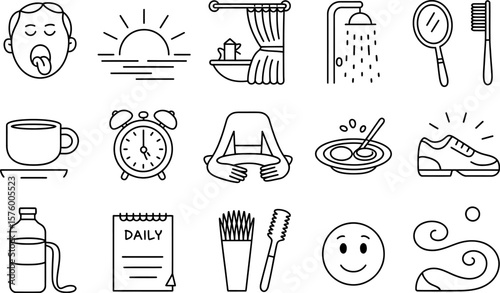 Black and White Daily Routine Icons: Waking Up Showering Eating Smiling