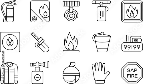 Fire Safety Icons Set Fire Extinguisher Flame Sign Firefighter Uniform