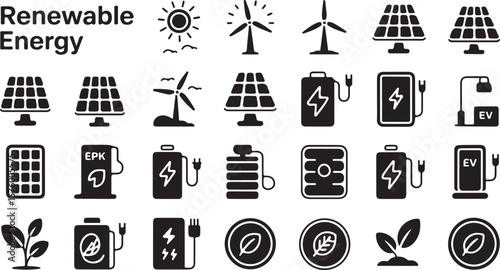 Collection of black and white icons representing renewable energy sources and technologies including solar panels wind turbines electric vehicle charging stations and plants