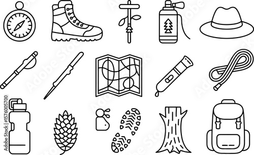 Black and White Hiking and Camping Icon Set compass