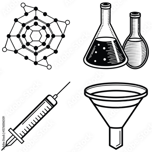 Vector art of a scientific icon set displaying a molecule structure, laboratory flasks, a syringe, and a funnel for experiments