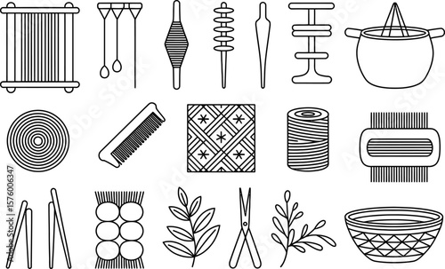 Black and white weaving tools and elements graphic illustration