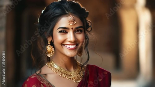 An Indian lady's portrait beautifully features her sari attire