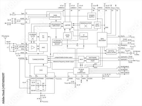 Schematic diagram of electronic device on white paper sheet. Vector drawing electrical circuit with antenna,
resistor, capacitor, decoder, demodulator,
diode, counter, power supply, other components.