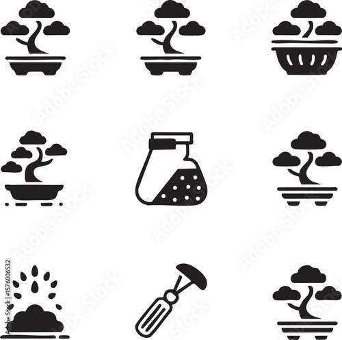 Black and white icon set featuring bonsai trees laboratory flask and gardening tool bonsai tree icon