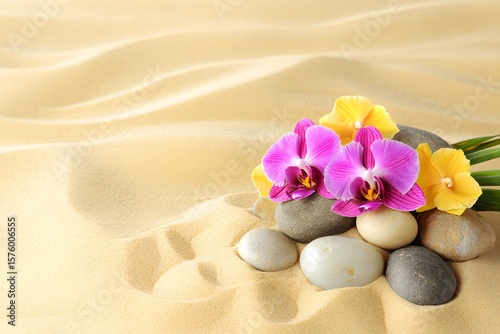 Serene Beach Spa Scene, Orchids and Stones on Sand