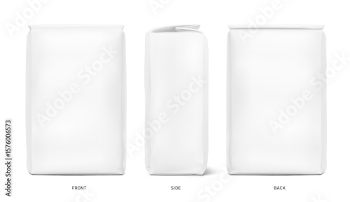 High realistic vertical bag mockup. Front, side and back side views. Vector illustration. Ready for use in presentation, promo, advertising and more. EPS10.