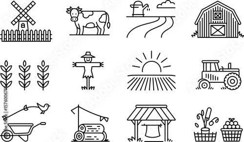 Farm Icons Set Black and White Windmill Cow Barn Tractor Scarecrow