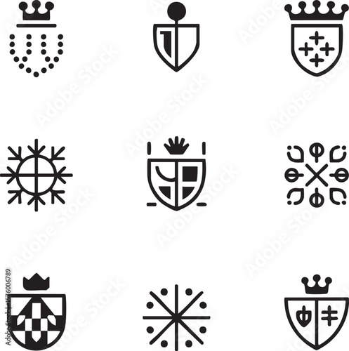 Black and white icon set featuring shields crowns and abstract circular designs heraldry crest