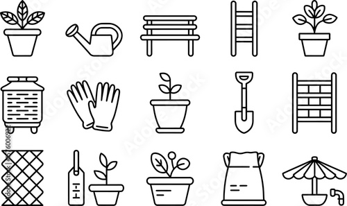 Gardening Icons Set Black Outlined Illustrations of Tools and Plants