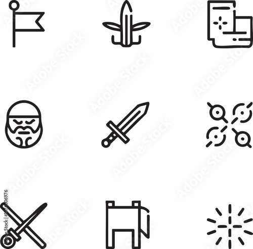 Black and white line art icon set featuring medieval and abstract elements flag pennant